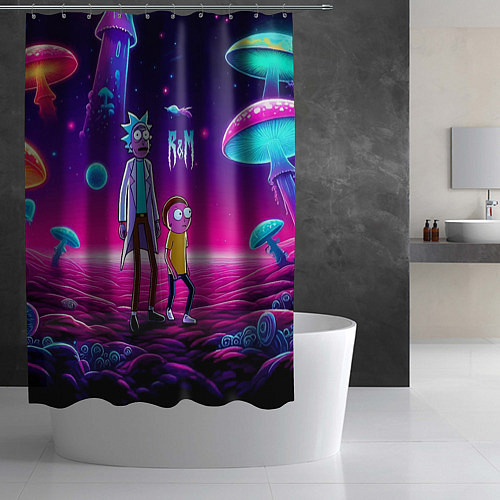 Шторка для ванной Морти и Рик на планете неоновых сказочных грибов / 3D-принт – фото 2