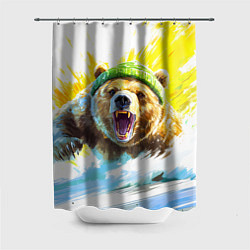 Шторка для душа Злой медведь в зеленой шапке, цвет: 3D-принт