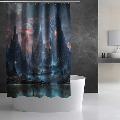 Шторка для ванной Фантастический мир с медузами и озеро у гор / 3D-принт – фото 2
