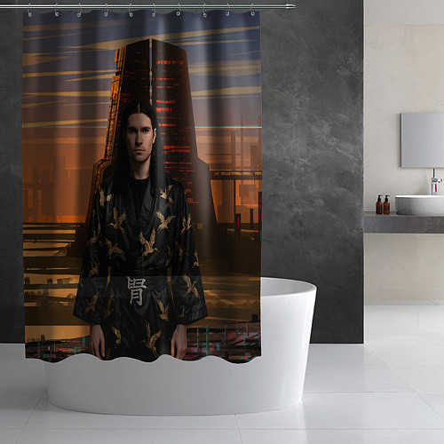 Шторка для ванной Bones в халате с журавлями / 3D-принт – фото 2