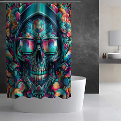 Шторка для душа Кибер череп в балахоне и очках - нейроарт фантазия, цвет: 3D-принт — фото 2