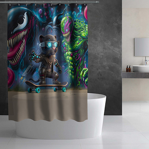 Шторка для ванной Пантерёнок крутой скейтбордист на фоне граффити / 3D-принт – фото 2