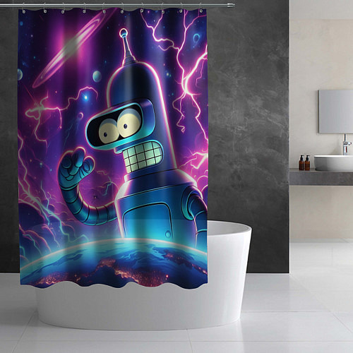 Шторка для ванной Bender in neon space - cartoon Futurama / 3D-принт – фото 2