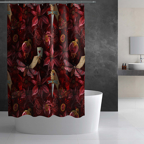 Шторка для ванной Бордовая готика с сердцем, лилиями и мотыльками / 3D-принт – фото 2