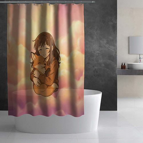 Шторка для ванной Девочка обнимает лисичку / 3D-принт – фото 2