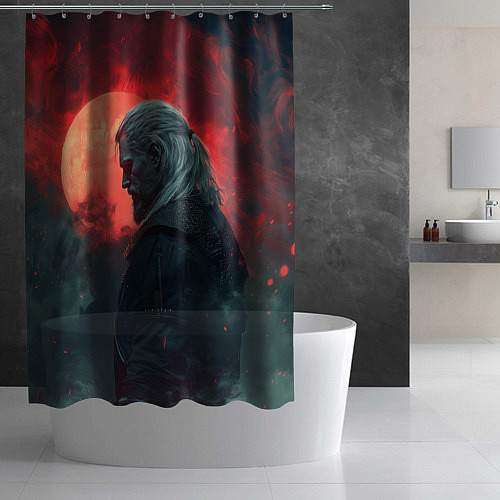 Шторка для ванной Ведьмак на фоне красной луны / 3D-принт – фото 2
