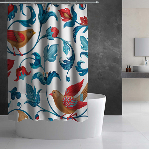 Шторка для ванной Цветы и птицы - паттерн / 3D-принт – фото 2