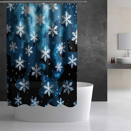 Шторка для ванной Стилизованный паттерн со снежинками тёмно-синий / 3D-принт – фото 2