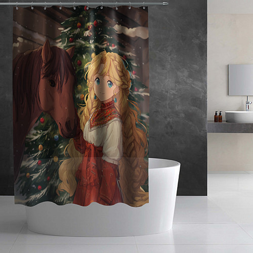 Шторка для ванной Аниме девочка с лошадкой встречают Новый год / 3D-принт – фото 2