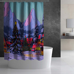 Шторка для душа Новогодние елки в горном городке, цвет: 3D-принт — фото 2