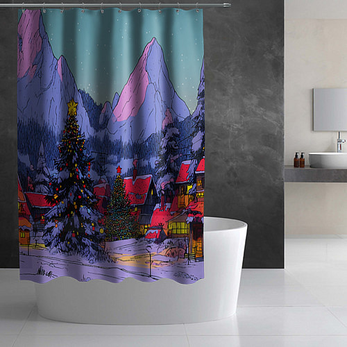 Шторка для ванной Новогодние елки в горном городке / 3D-принт – фото 2