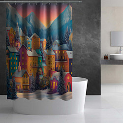 Шторка для душа Новогодний город в горах, цвет: 3D-принт — фото 2