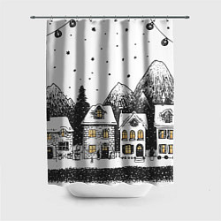 Шторка для душа Черно-белый новогодний город, цвет: 3D-принт