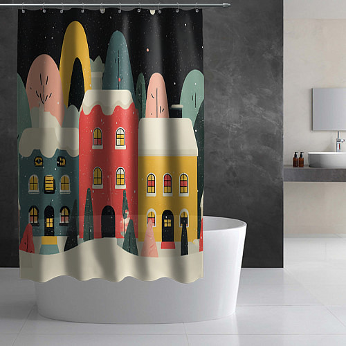 Шторка для ванной Разноцветные новогодние дома / 3D-принт – фото 2