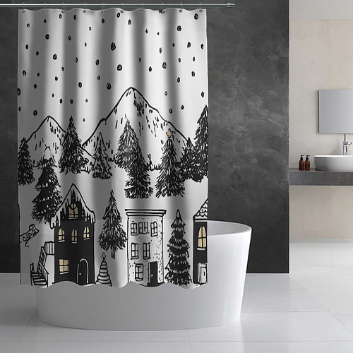 Шторка для ванной Заснеженный черно-белый город / 3D-принт – фото 2