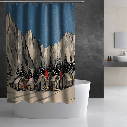 Шторка для ванной Небольшой новогодний город в горах / 3D-принт – фото 2