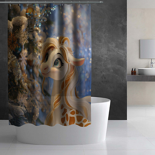 Шторка для ванной Новогодняя лошадка в крапинку / 3D-принт – фото 2