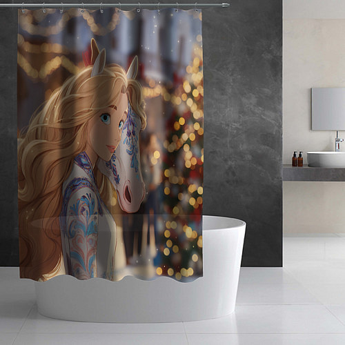 Шторка для ванной Блондинка с новогодней лошадкой / 3D-принт – фото 2