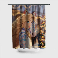 Шторка для душа Блондинка с новогодней лошадкой, цвет: 3D-принт