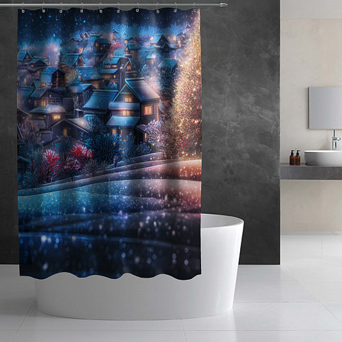 Шторка для ванной Новогодний двор в блестках / 3D-принт – фото 2