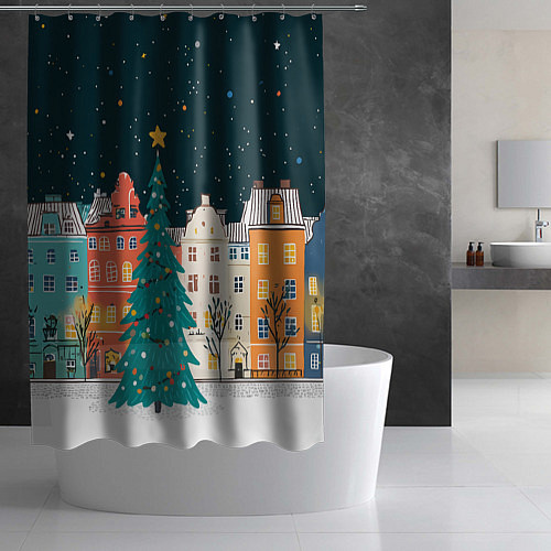 Шторка для ванной Новогодняя ночь в городе / 3D-принт – фото 2