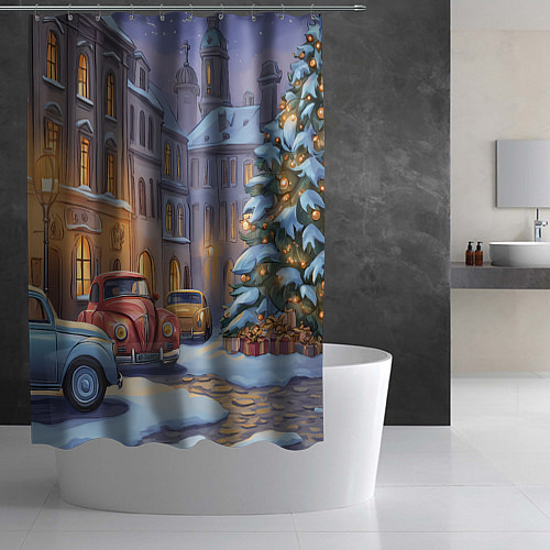 Шторка для ванной Новогодний снежный двор / 3D-принт – фото 2