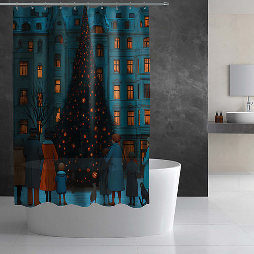 Шторка для ванной Люди встречают новый год во дворе / 3D-принт – фото 2
