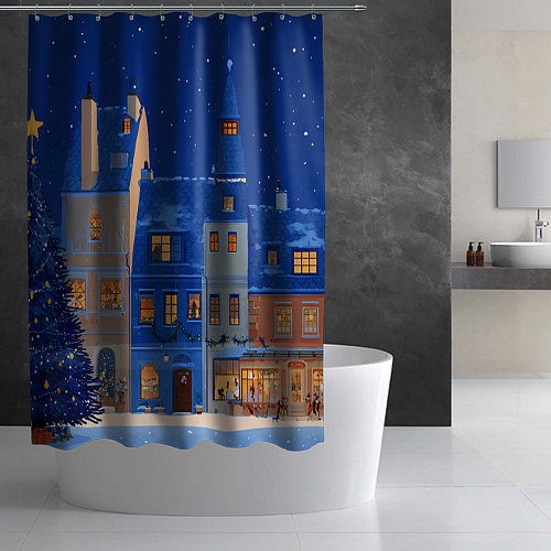 Шторка для ванной Синяя новогодняя елочка во дворе / 3D-принт – фото 2