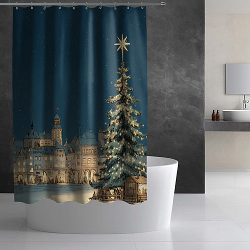 Шторка для ванной Новогодняя атмосфера в городе / 3D-принт – фото 2