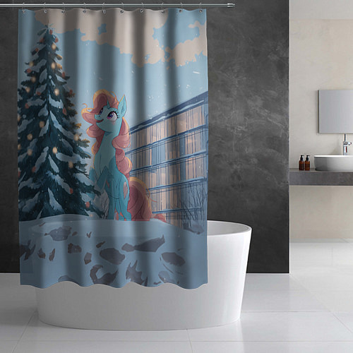 Шторка для ванной Новогодняя лошадка у елочки / 3D-принт – фото 2