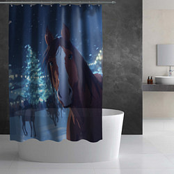 Шторка для душа Лошадь на фоне новогодней елки, цвет: 3D-принт — фото 2