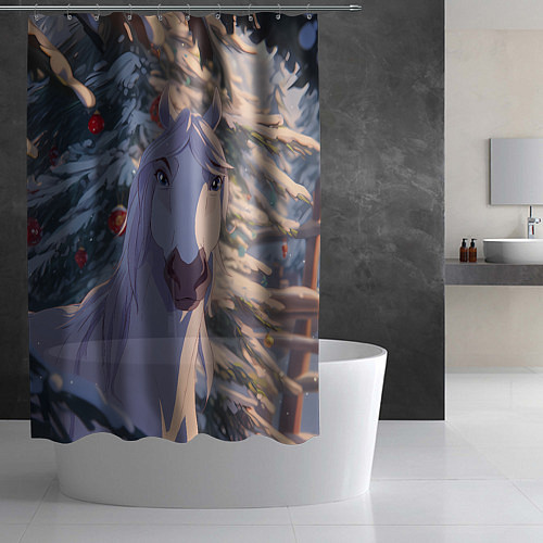 Шторка для ванной Белая лошадь на фоне елки / 3D-принт – фото 2