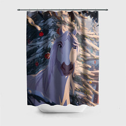 Шторка для душа Белая лошадь на фоне елки, цвет: 3D-принт