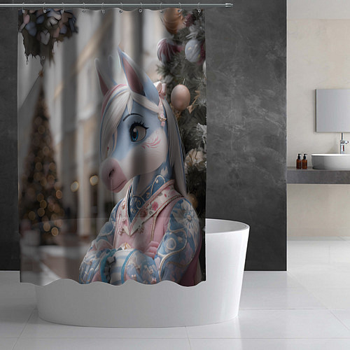 Шторка для ванной Новогодняя лошадка у елки / 3D-принт – фото 2