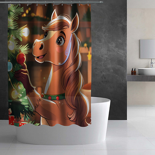 Шторка для ванной Лошадка наряжает елку / 3D-принт – фото 2