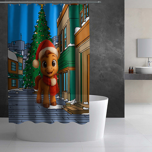 Шторка для ванной Новогодняя лошадка и елка / 3D-принт – фото 2