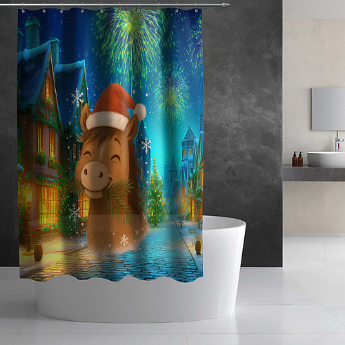 Шторка для ванной Новогодняя лошадка жует елочные ветки / 3D-принт – фото 2