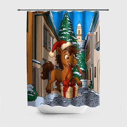 Шторка для душа Лошадка распаковывает новогодний подарок, цвет: 3D-принт