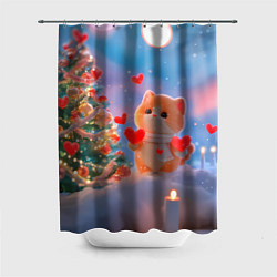 Шторка для душа Рыжий котенок в сердечках у елочки, цвет: 3D-принт