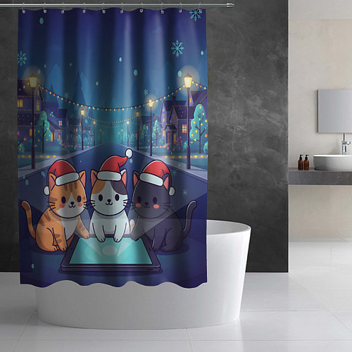 Шторка для ванной Новогодние котики с планшетом / 3D-принт – фото 2