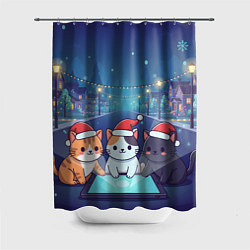 Шторка для душа Новогодние котики с планшетом, цвет: 3D-принт