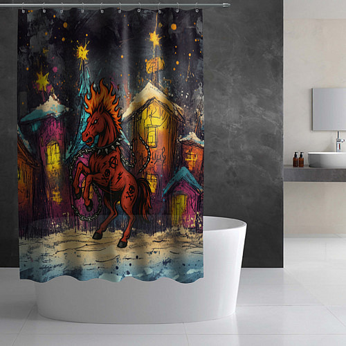 Шторка для ванной Красная огненная лошадь панк в городе / 3D-принт – фото 2