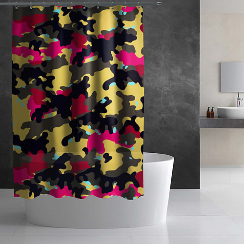 Шторка для ванной Камуфляж: желтый/черный/розовый / 3D-принт – фото 2
