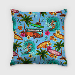 Подушка квадратная Пальмы, волны, серфинг, цвет: 3D-принт