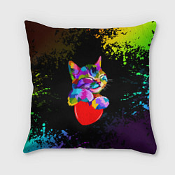 Подушка квадратная РАДУЖНЫЙ КОТИК RAINBOW KITTY, цвет: 3D-принт