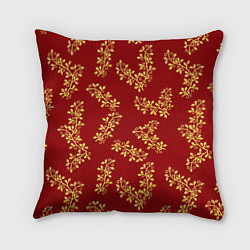 Подушка квадратная Золотые веточки на ярко красном фоне, цвет: 3D-принт