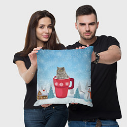 Подушка квадратная Удивленный котик в кружке, цвет: 3D-принт — фото 2