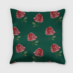 Подушка квадратная Ярко красные розы на темно-зеленом фоне, цвет: 3D-принт