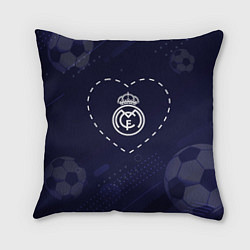 Подушка квадратная Лого Real Madrid в сердечке на фоне мячей, цвет: 3D-принт