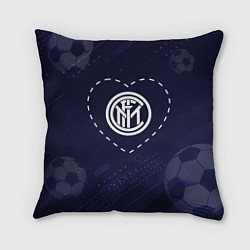 Подушка квадратная Лого Inter в сердечке на фоне мячей, цвет: 3D-принт